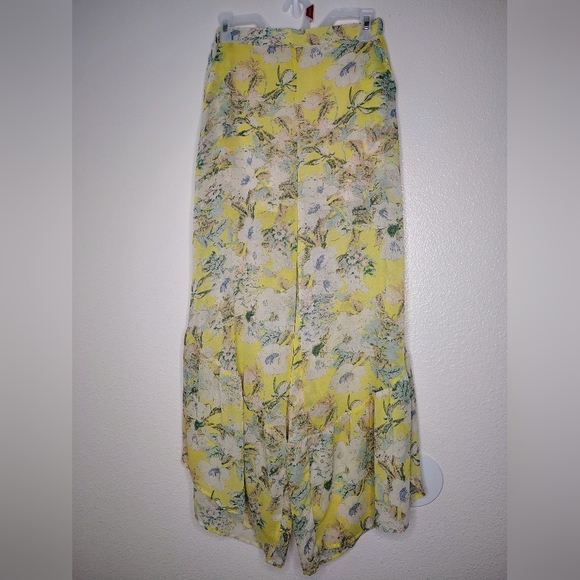 L Love Women's Yellow Floral Print Elastic Waist Wide Leg Flare Mesh Pants Sz S - Picture 1 of 11